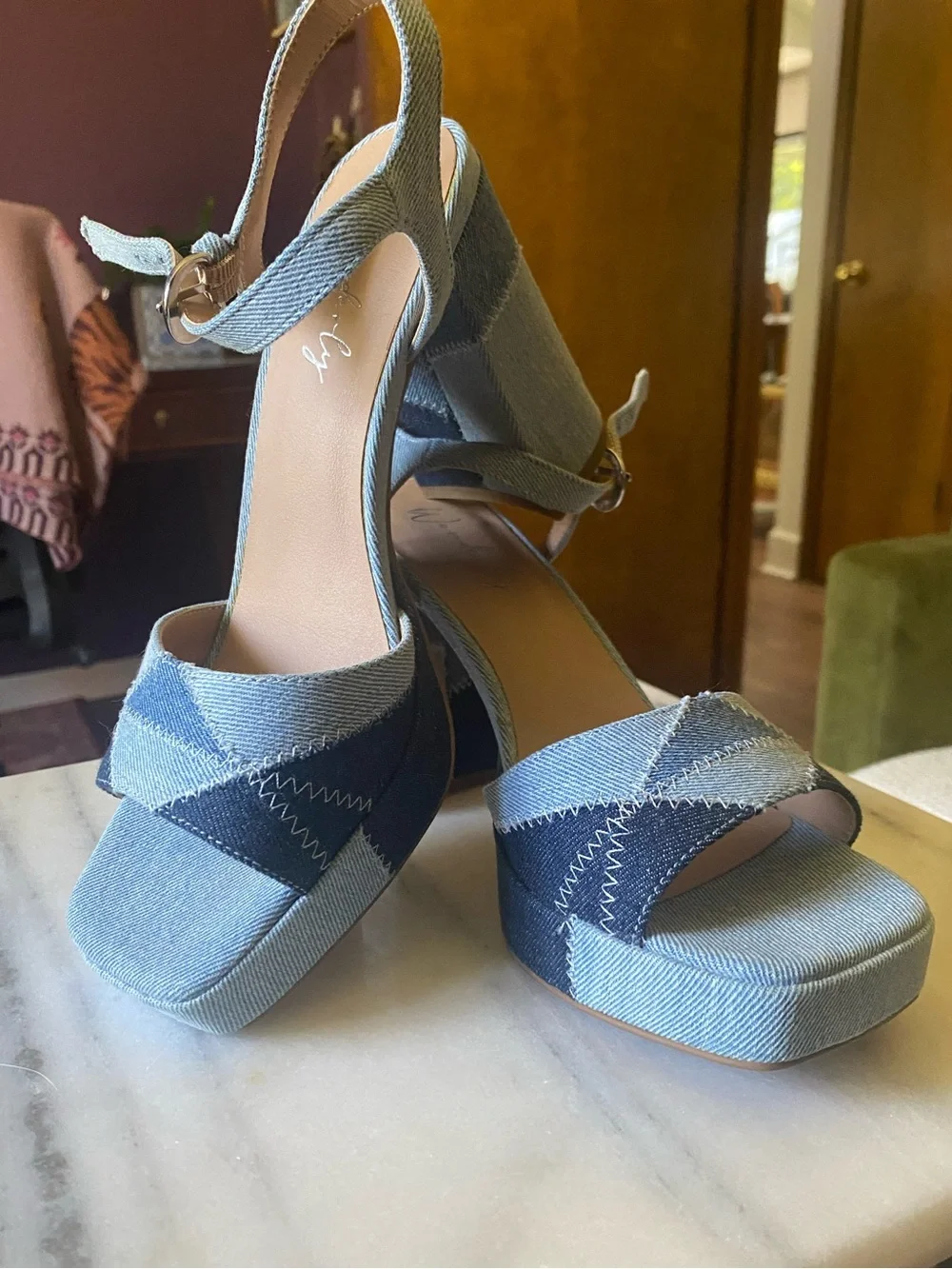 Wonderly Patchwork Denim Platform Sandals - Light & Dark Blue